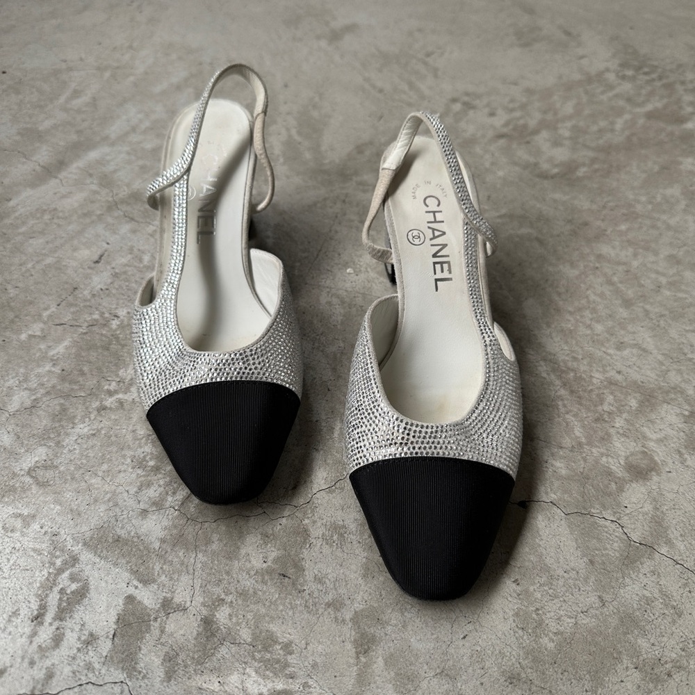 Women's Cap Toe CC Slingback Flats Crystal Embellished Suede and Grosgrain 38 C